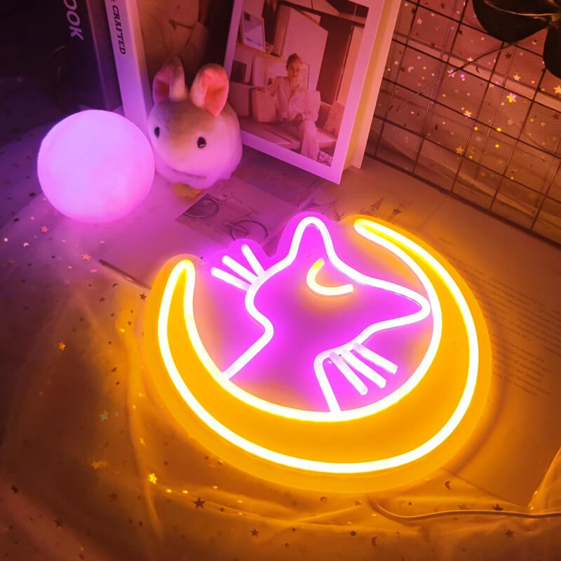 kawaii aesthetic moon cat wall neon sign roomtery