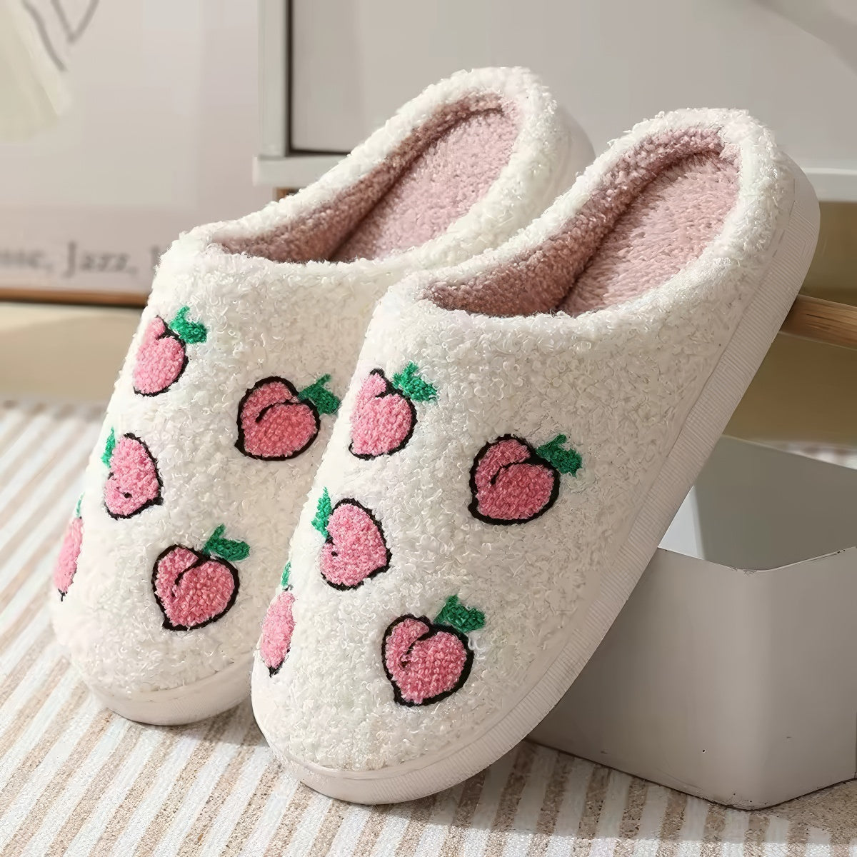 kawaii peacjes print soft plush texture aesthetic house slippers 