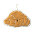 Plush kawaii hanging hand towel shaped like bread, croissant, toast, egg toast, and garlic with embroidered faces and hanging loops.