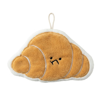 Plush kawaii hanging hand towel shaped like bread, croissant, toast, egg toast, and garlic with embroidered faces and hanging loops.