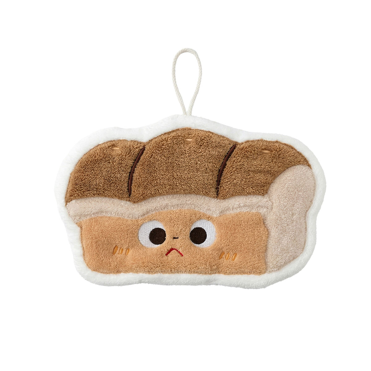 Plush kawaii hanging hand towel shaped like bread, croissant, toast, egg toast, and garlic with embroidered faces and hanging loops.