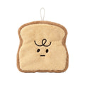 Plush kawaii hanging hand towel shaped like bread, croissant, toast, egg toast, and garlic with embroidered faces and hanging loops.