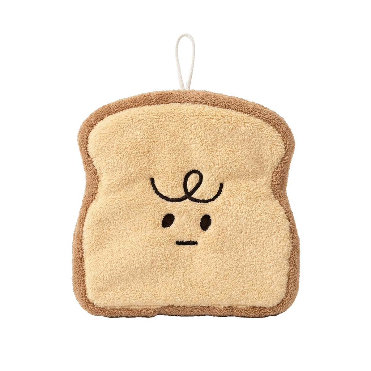 Plush kawaii hanging hand towel shaped like bread, croissant, toast, egg toast, and garlic with embroidered faces and hanging loops.
