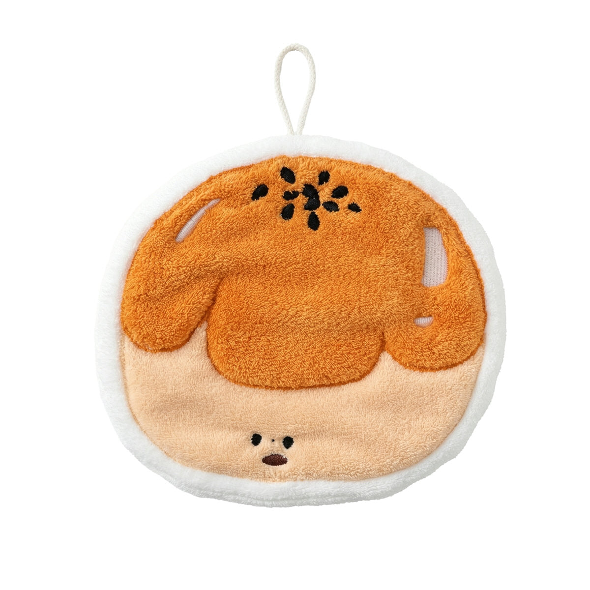 Plush kawaii hanging hand towel shaped like bread, croissant, toast, egg toast, and garlic with embroidered faces and hanging loops.