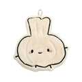Plush kawaii hanging hand towel shaped like bread, croissant, toast, egg toast, and garlic with embroidered faces and hanging loops.