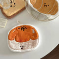 Plush kawaii hanging hand towel shaped like bread, croissant, toast, egg toast, and garlic with embroidered faces and hanging loops.