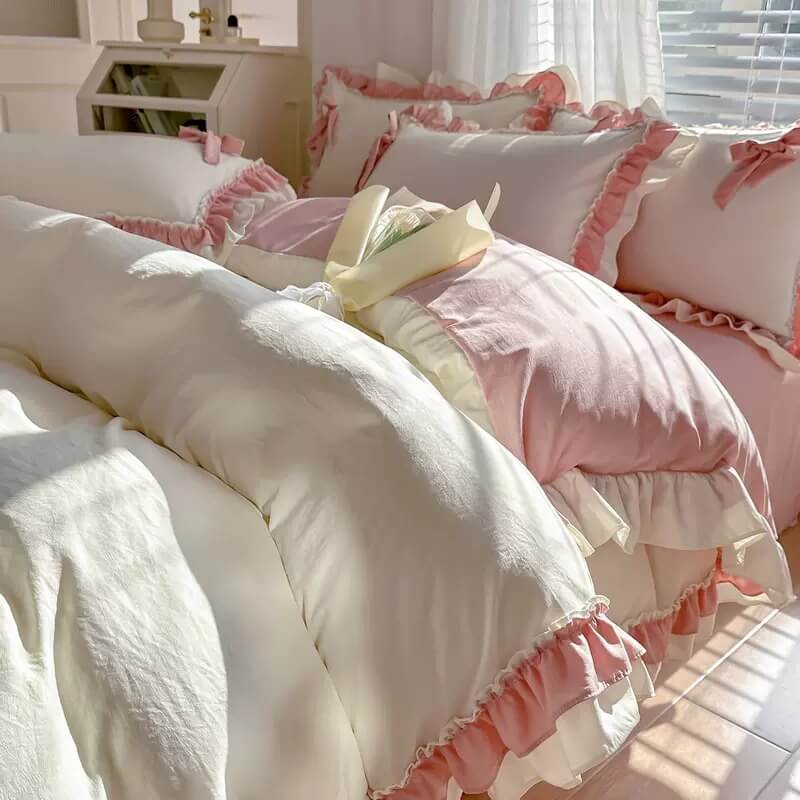 kawaii princess korean aesthetic bedding duvet cover set with bows and ruffles