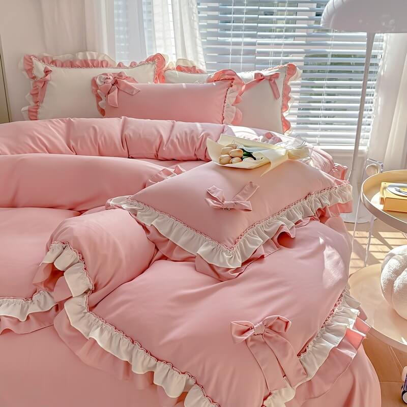 kawaii princess korean aesthetic bedding duvet cover set with bows and ruffles