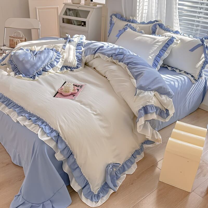 kawaii princess korean aesthetic bedding duvet cover set with bows and ruffles