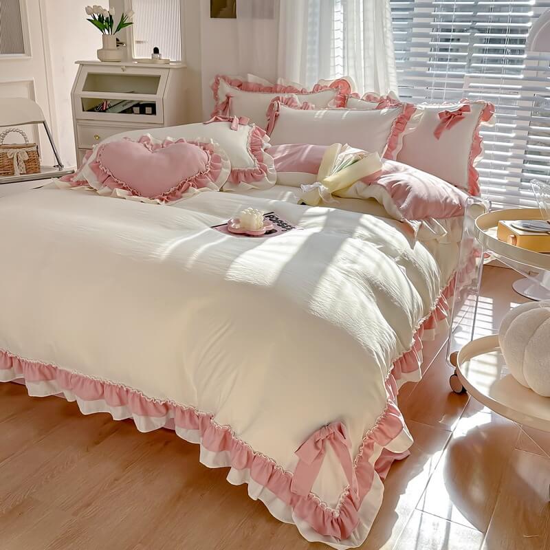 kawaii princess korean aesthetic bedding duvet cover set with bows and ruffles