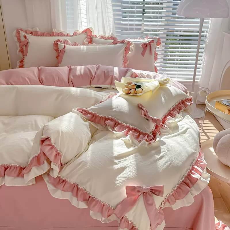 kawaii princess korean aesthetic bedding duvet cover set with bows and ruffles