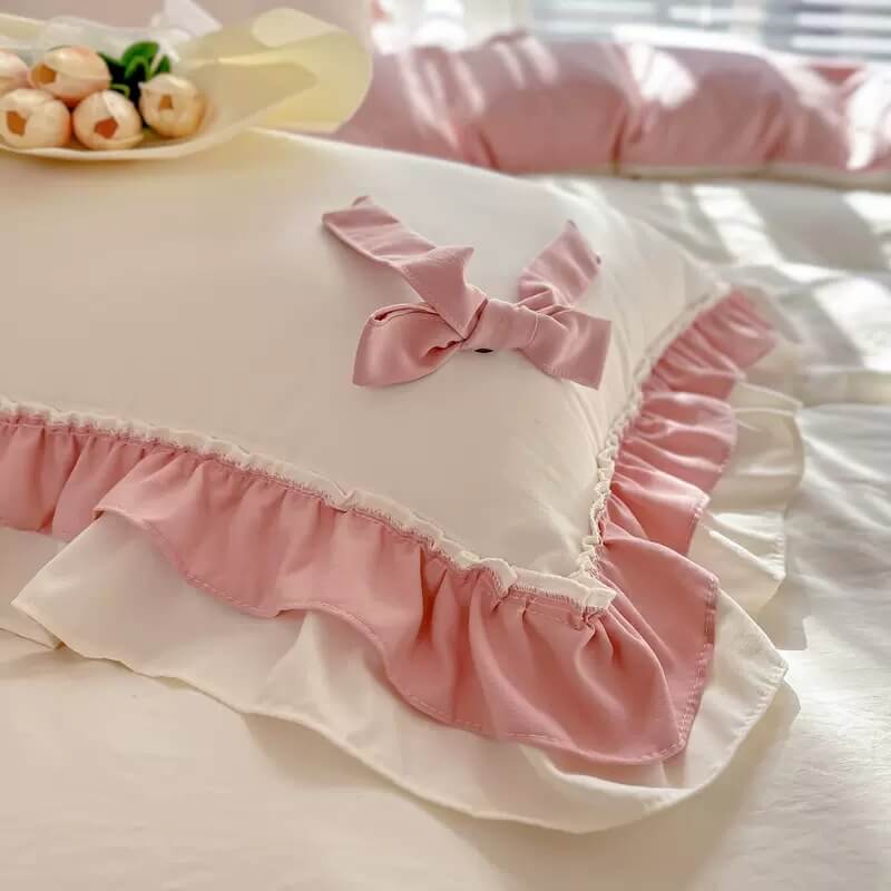 kawaii princess korean aesthetic bedding duvet cover set with bows and ruffles