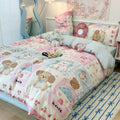 kawaii aesthetic kids princess pastel blue and pink patchwork theme bedding duvet cover set 