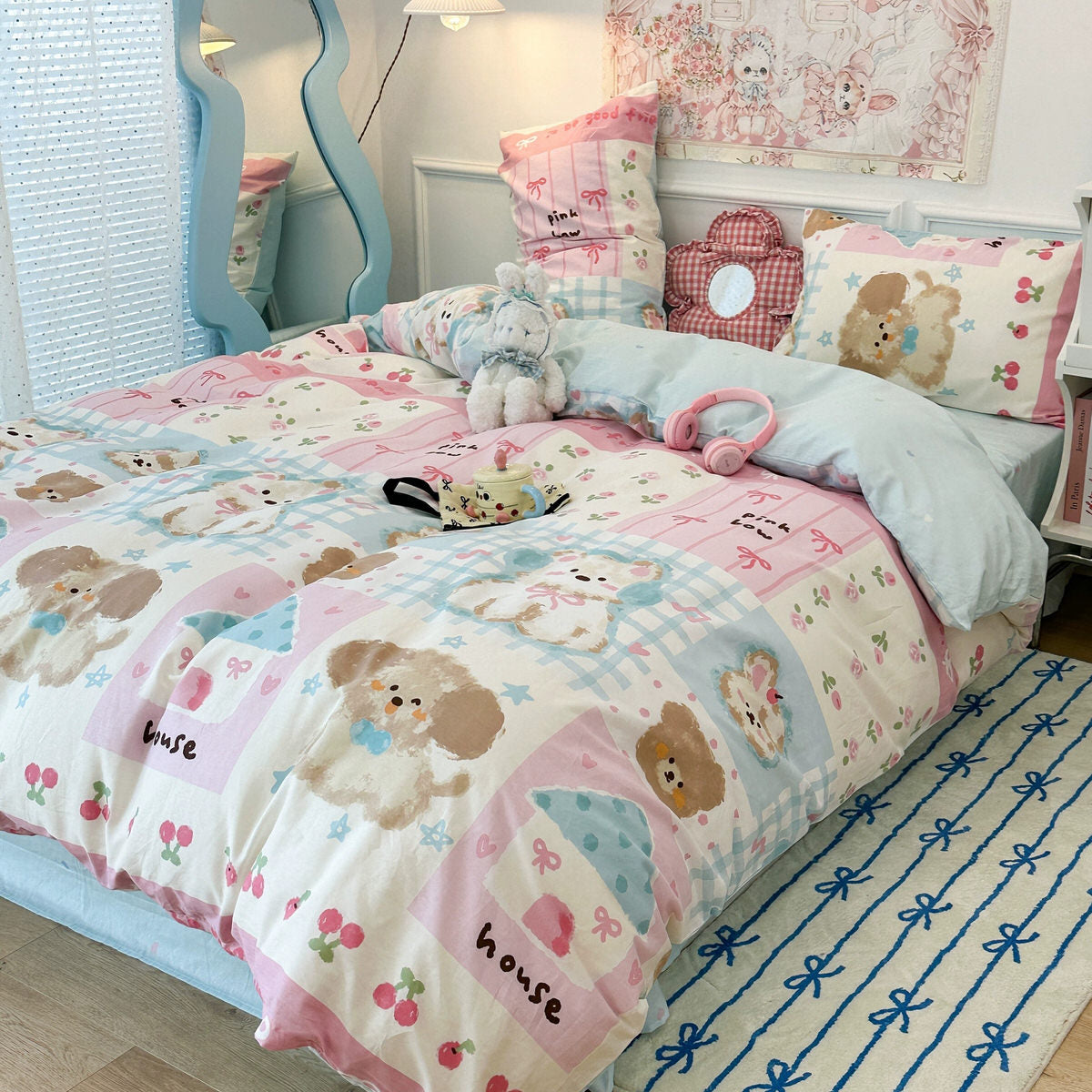 kawaii aesthetic kids princess pastel blue and pink patchwork theme bedding duvet cover set 