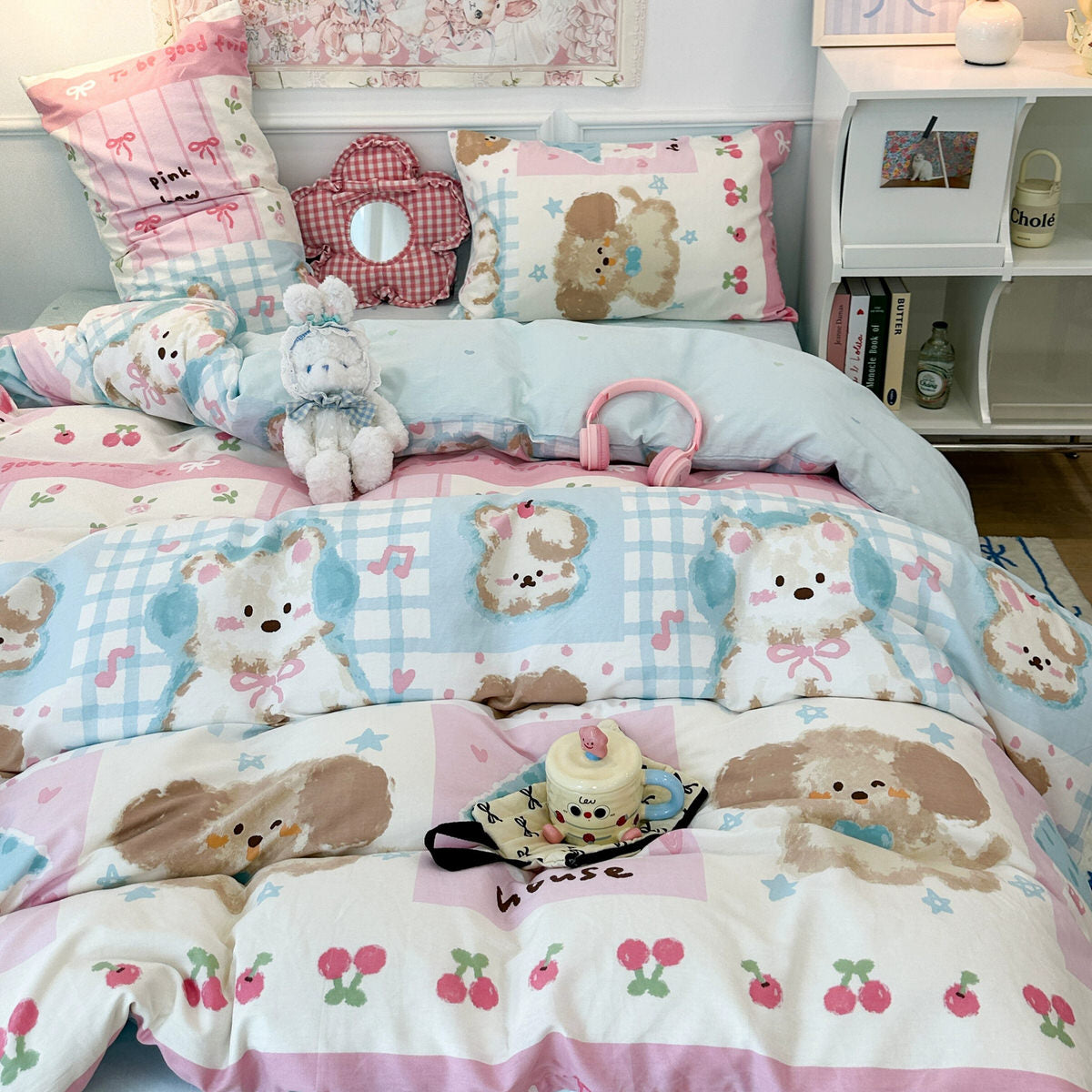 kawaii aesthetic kids princess pastel blue and pink patchwork theme bedding duvet cover set 