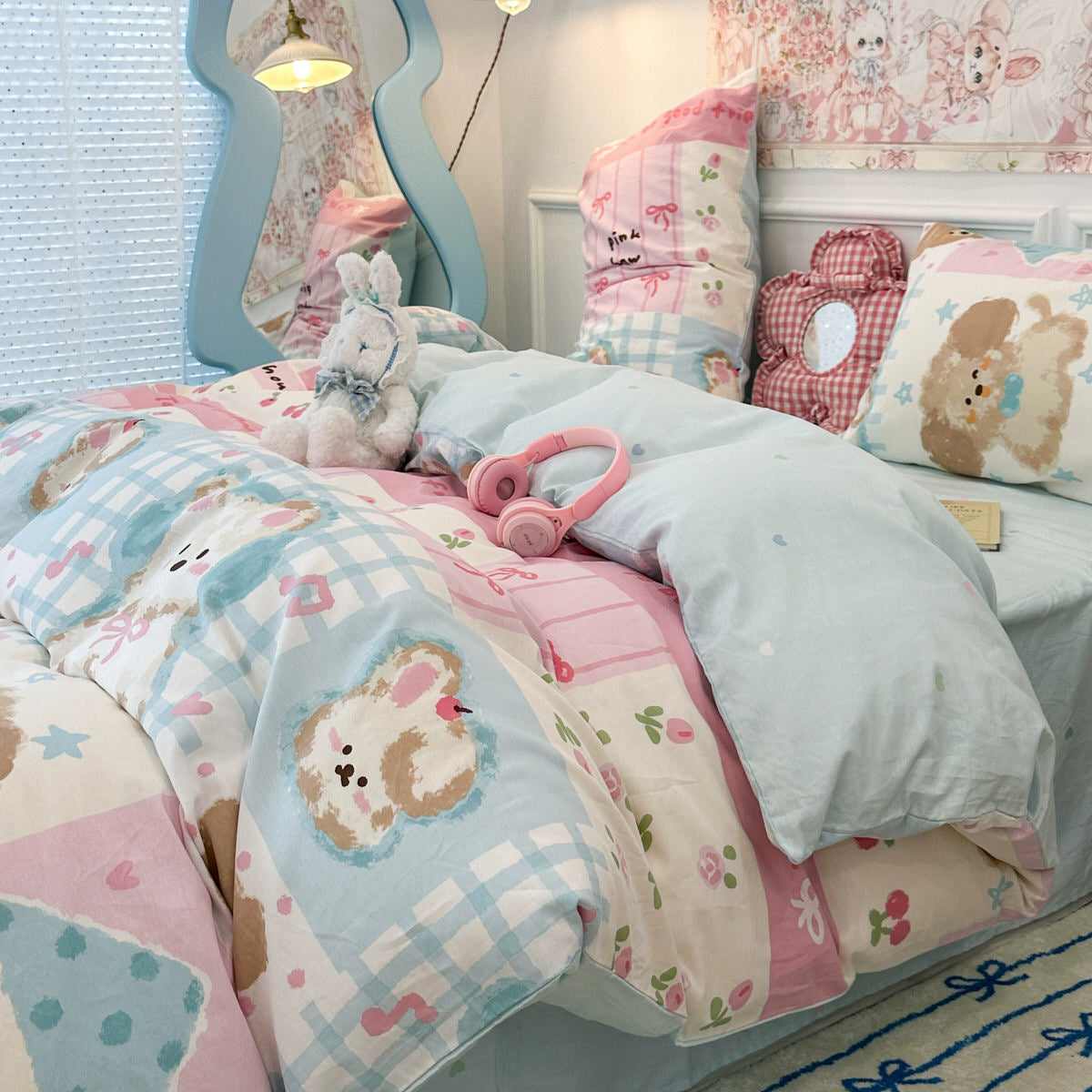 kawaii aesthetic kids princess pastel blue and pink patchwork theme bedding duvet cover set