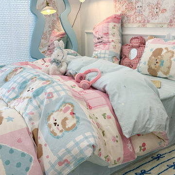 kawaii aesthetic kids princess pastel blue and pink patchwork theme bedding duvet cover set 