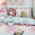 kawaii aesthetic kids princess pastel blue and pink patchwork theme bedding duvet cover set 