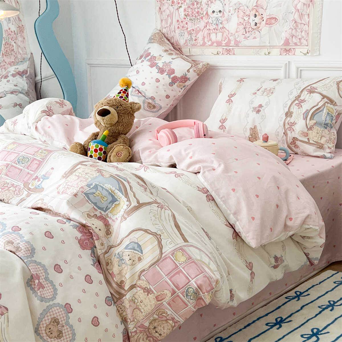 kawaii eddy bear print aesthetic bedding duvet cover set