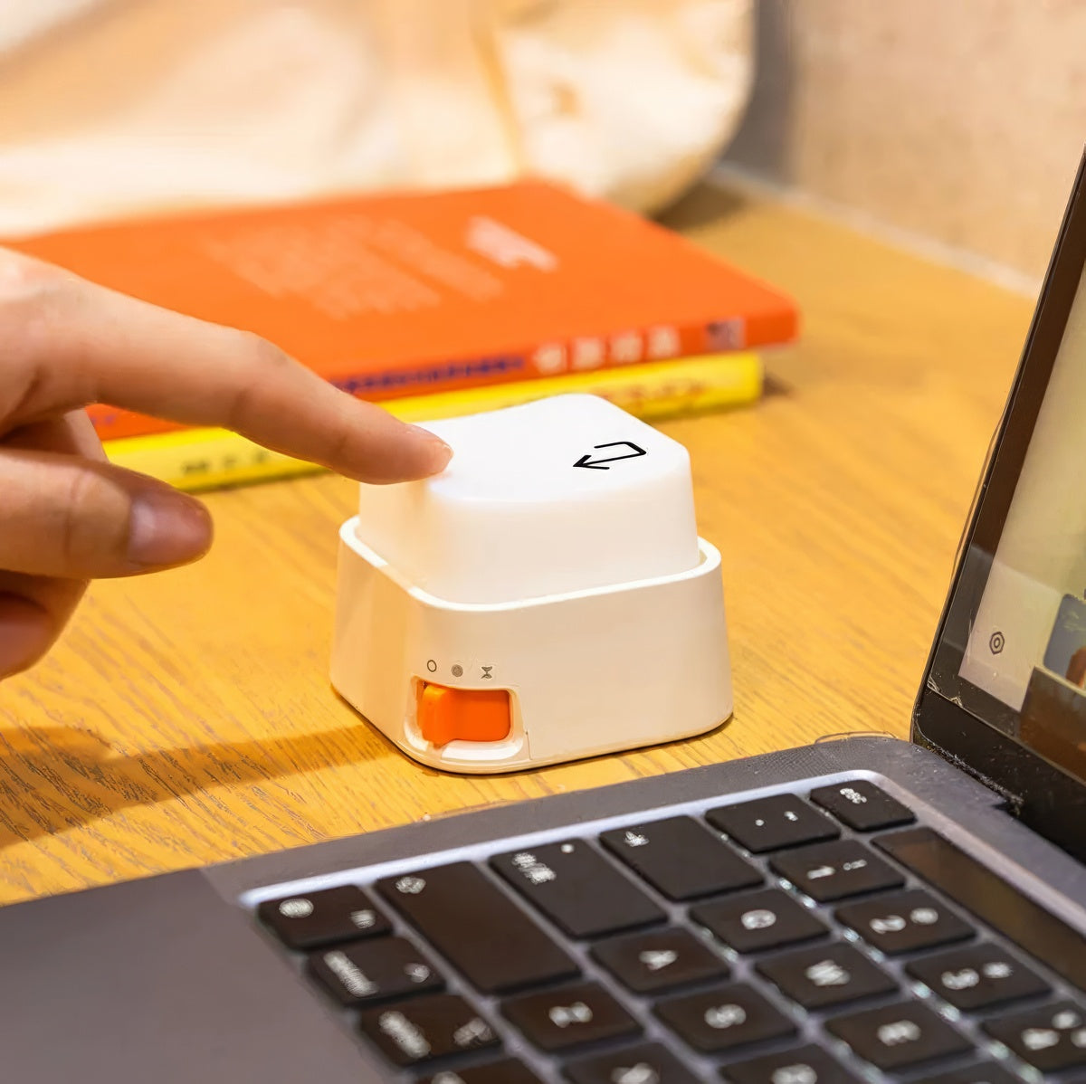 Rechargeable keyboard key-shaped LED night light with a soft warm glow, oversized mechanical keycap design, and tactile press switch for desks and bedside tables.