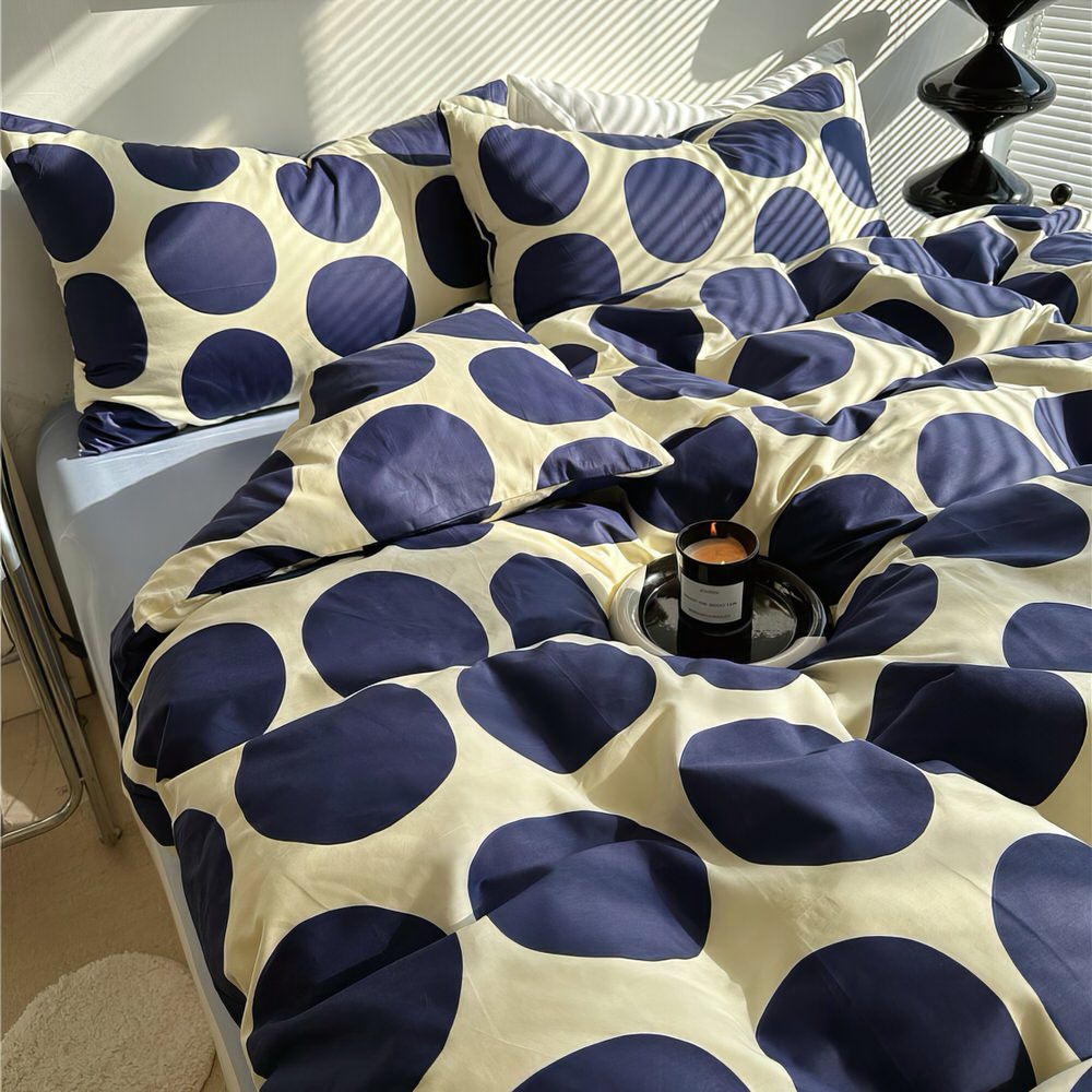 aesthetic bedding duvet cover set with large blue polka dot pattern print on beige/white background