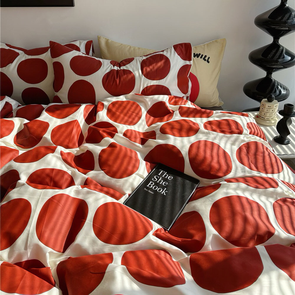 aesthetic bedding duvet cover set with large red polka dot pattern print on beige/white background