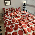 aesthetic bedding duvet cover set with large red polka dot pattern print on beige/white background