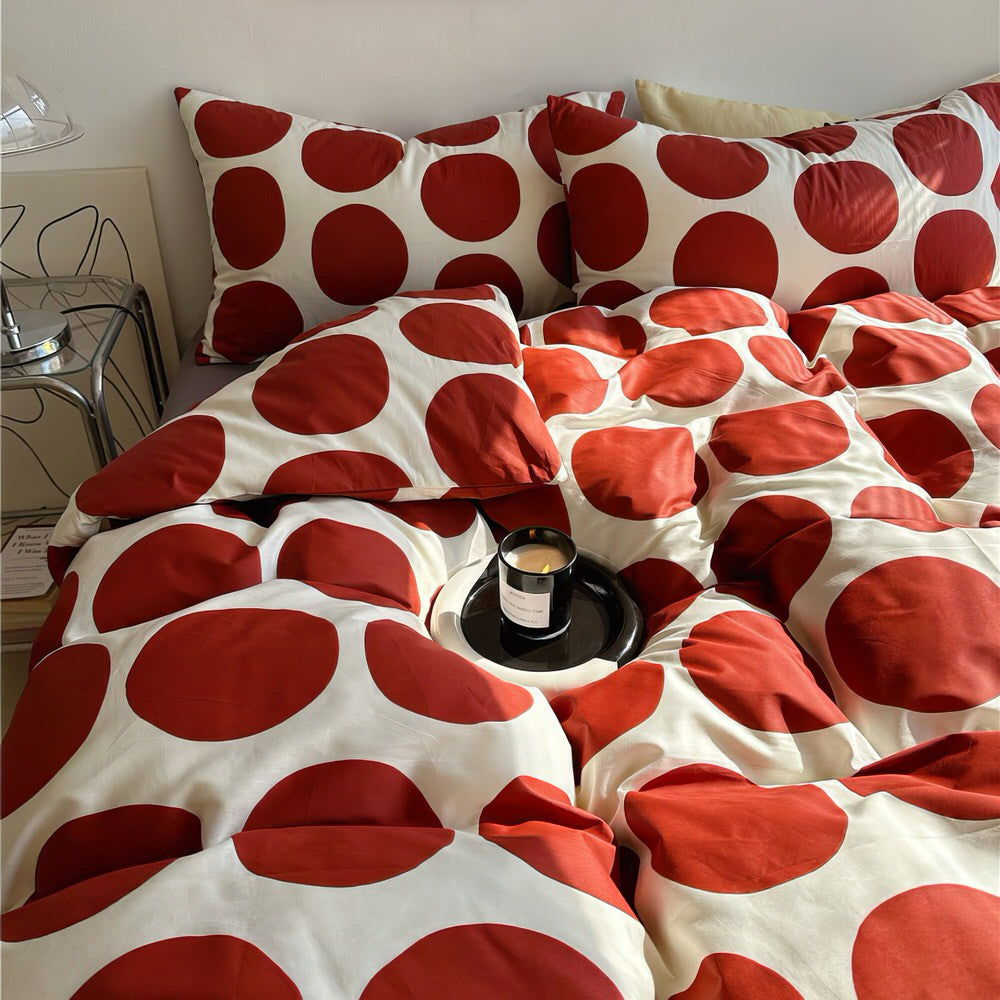 aesthetic bedding duvet cover set with large red polka dot pattern print on beige/white background