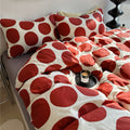 aesthetic bedding duvet cover set with large red polka dot pattern print on beige/white background