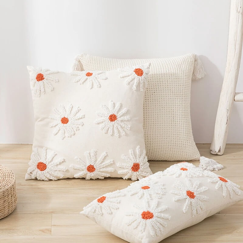 light beige tufted flower aesthetic cushion cover roomtery