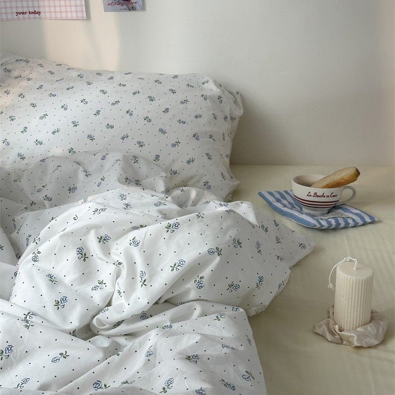 tiny light blue color flowers pattern print cotton bedding set aesthetic bedroom decor roomtery