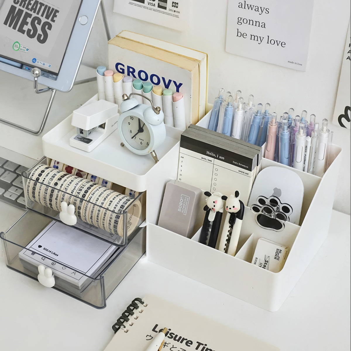 White plastic desk organizer with bunny drawer handles, two drawers, and six open compartments, sized 28.5cm x 17cm x 12cm.