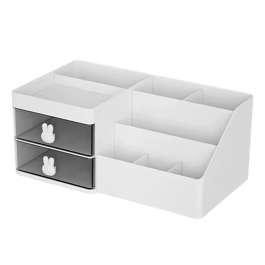 White plastic desk organizer with bunny drawer handles, two drawers, and six open compartments, sized 28.5cm x 17cm x 12cm.