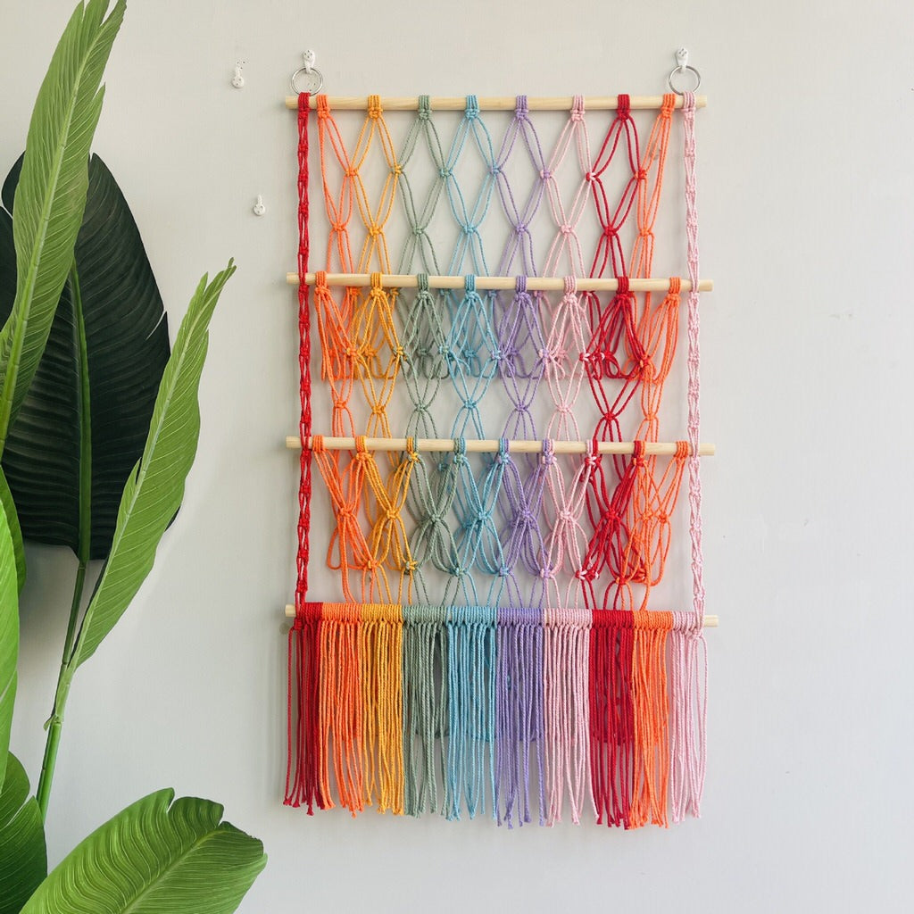 colorful macrame wall hanging decor toy storage net 