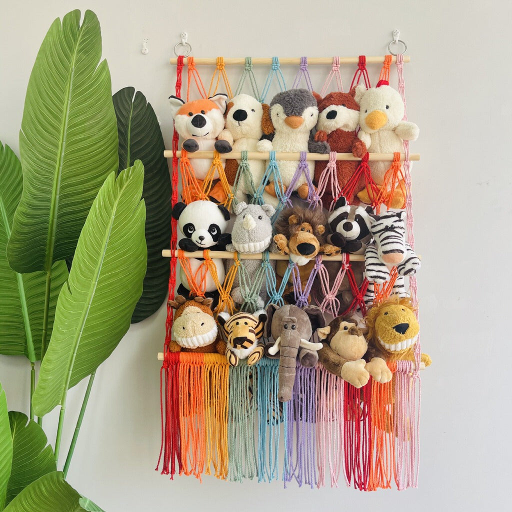 colorful macrame wall hanging decor toy storage net 