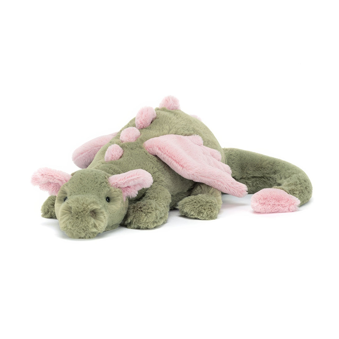 malachy dragon plush toy - sage green dragon toy with pale pink wings and ears 