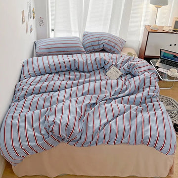 minimalist vintage bedding duvet cover set in light blue with red stripes roomtery aesthetic bedroom decor