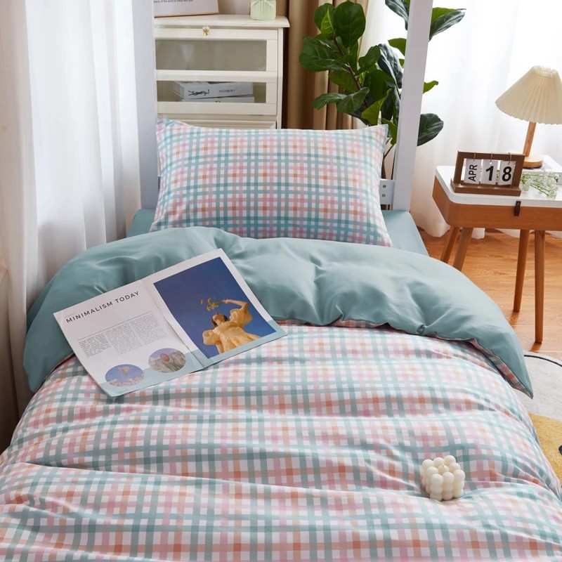 dorm room simple and cheap pastel blue plaid print bedding duvet cover set roomtery