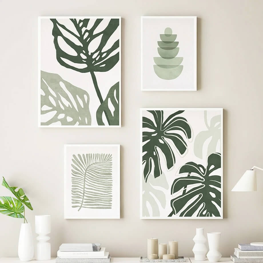 monstera leaf painting sage green aesthetic gallery wall art canvas poster roomtery