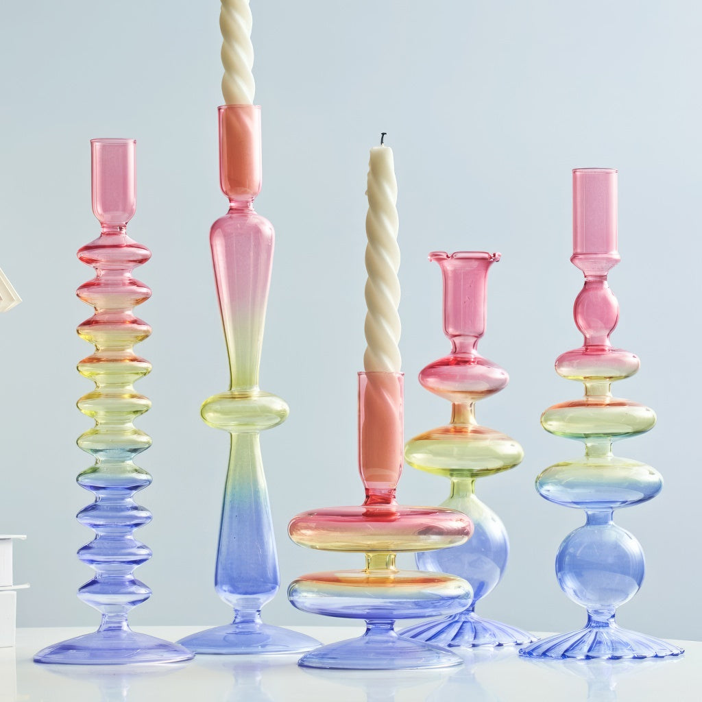 rainbow multicolor glass irregular shaped candleholder set