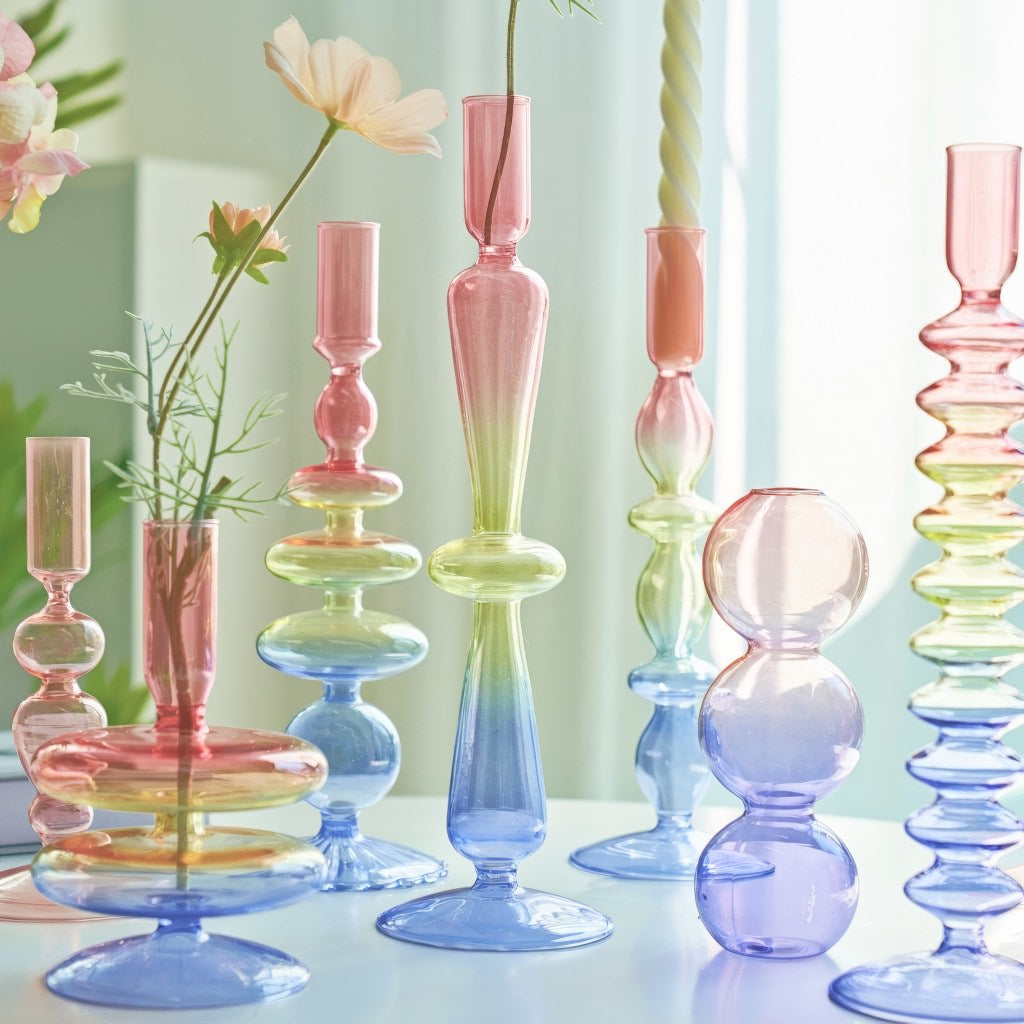 rainbow multicolor glass irregular shaped candleholder set