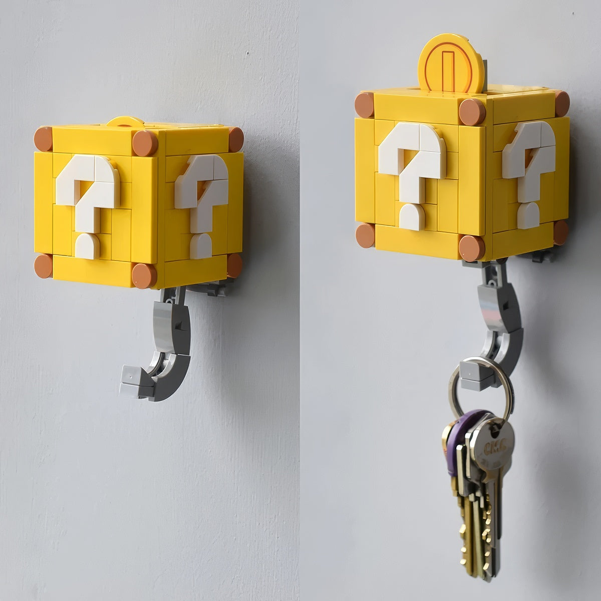 Two yellow block-style key hooks designed like Super Mario question blocks. Yellow Mystery Box hidden hook key holder with white question mark design