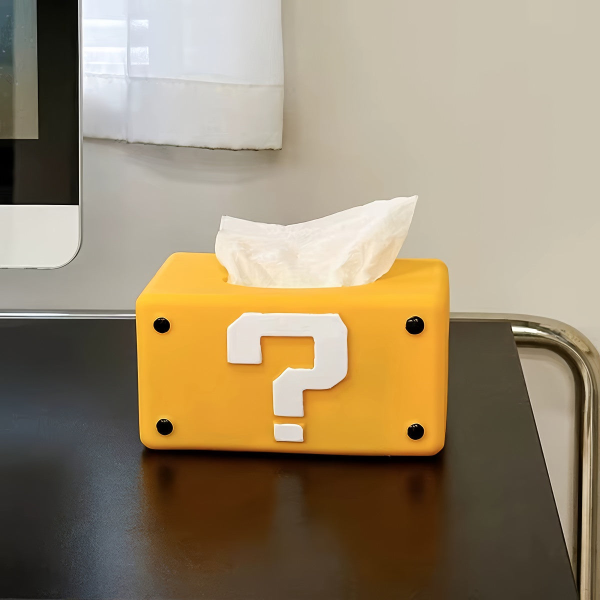 yellow retro question block tissue box cover with white question mark design and compact rectangular shape