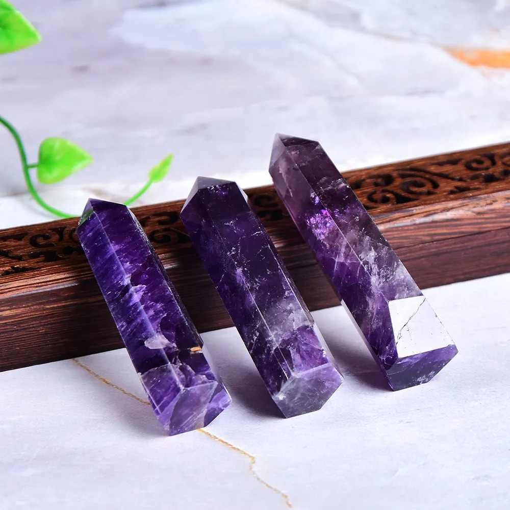 Natural deep purple amethyst crystal hexagonal pointing tower