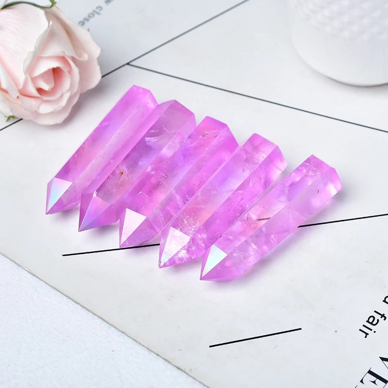 natural aura purple quartz crystal hexagonal pointing tower roomtery