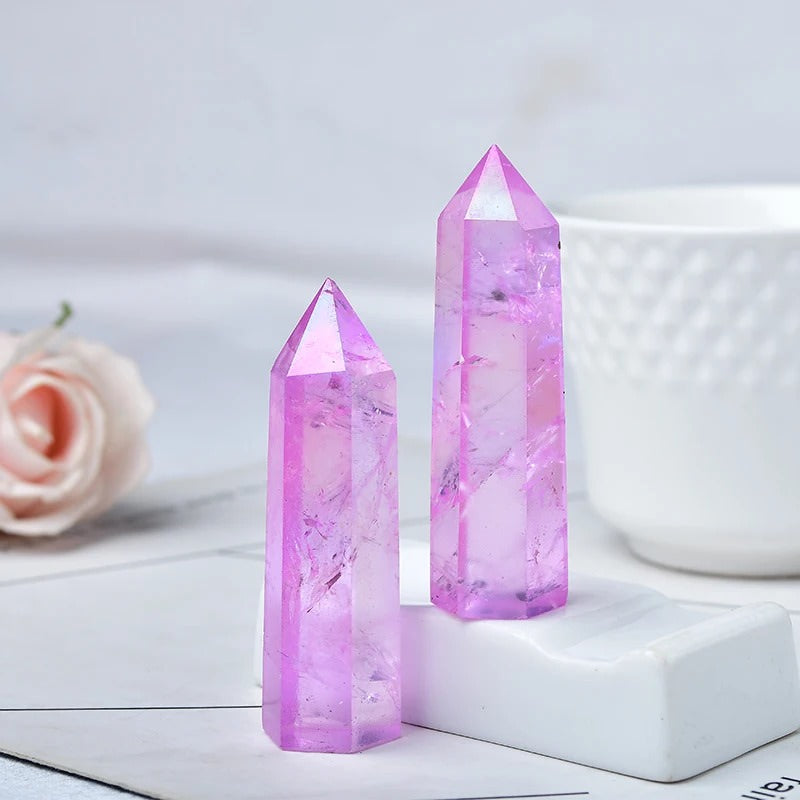 natural aura purple quartz crystal hexagonal pointing tower roomtery