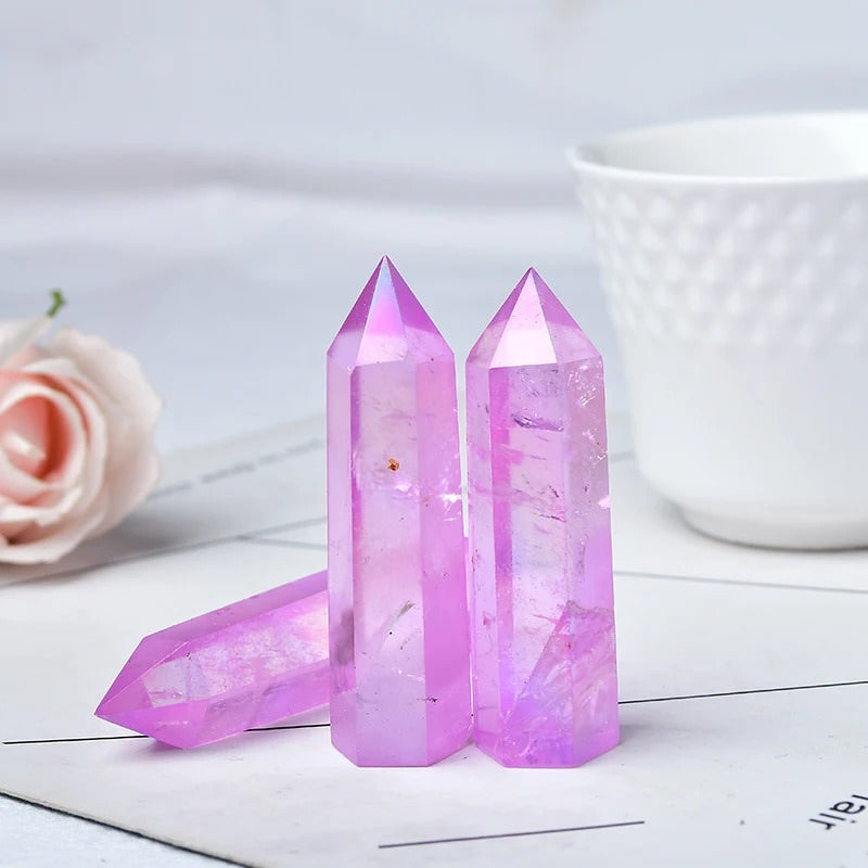 natural aura purple quartz crystal hexagonal pointing tower roomtery