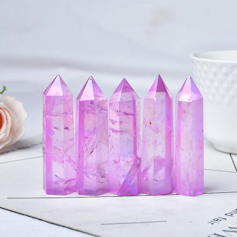 natural aura purple quartz crystal hexagonal pointing tower roomtery