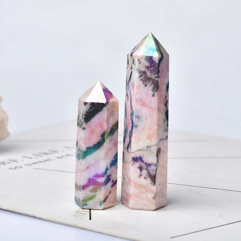 Natural light pink aura crystal with black inclusions hexagonal pointing tower