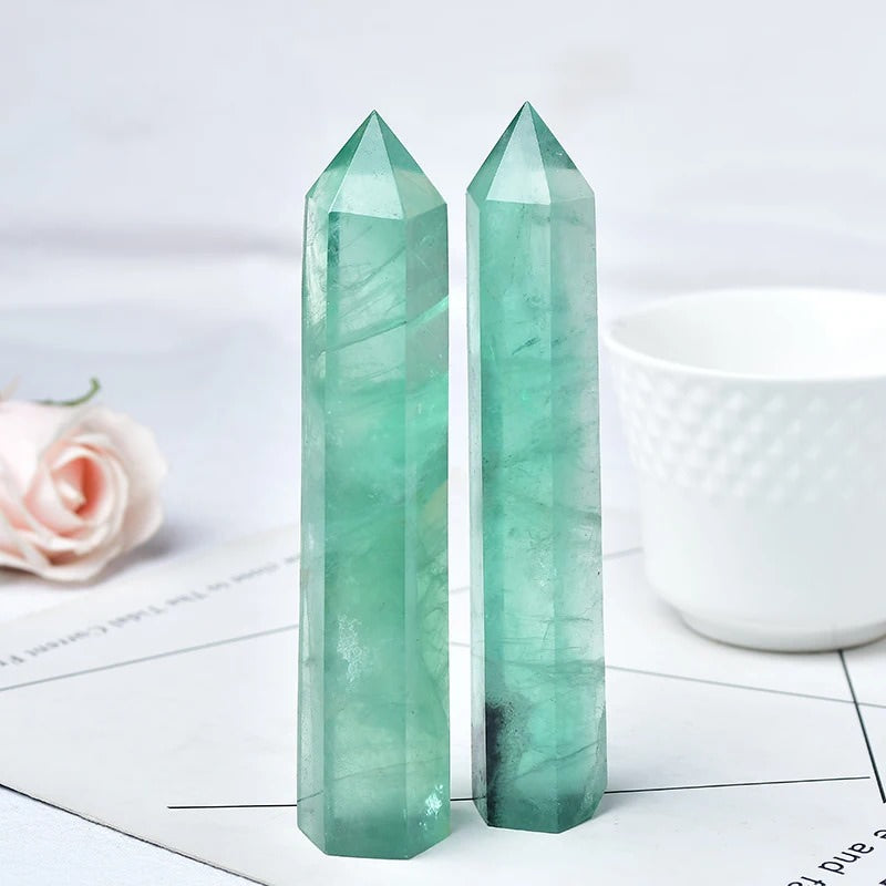 Natural green fluorite crystal hexagonal pointing tower